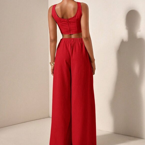 Red womens crop top & flowy wide legged pants textured fabric coord set - Picture 2 of 8
